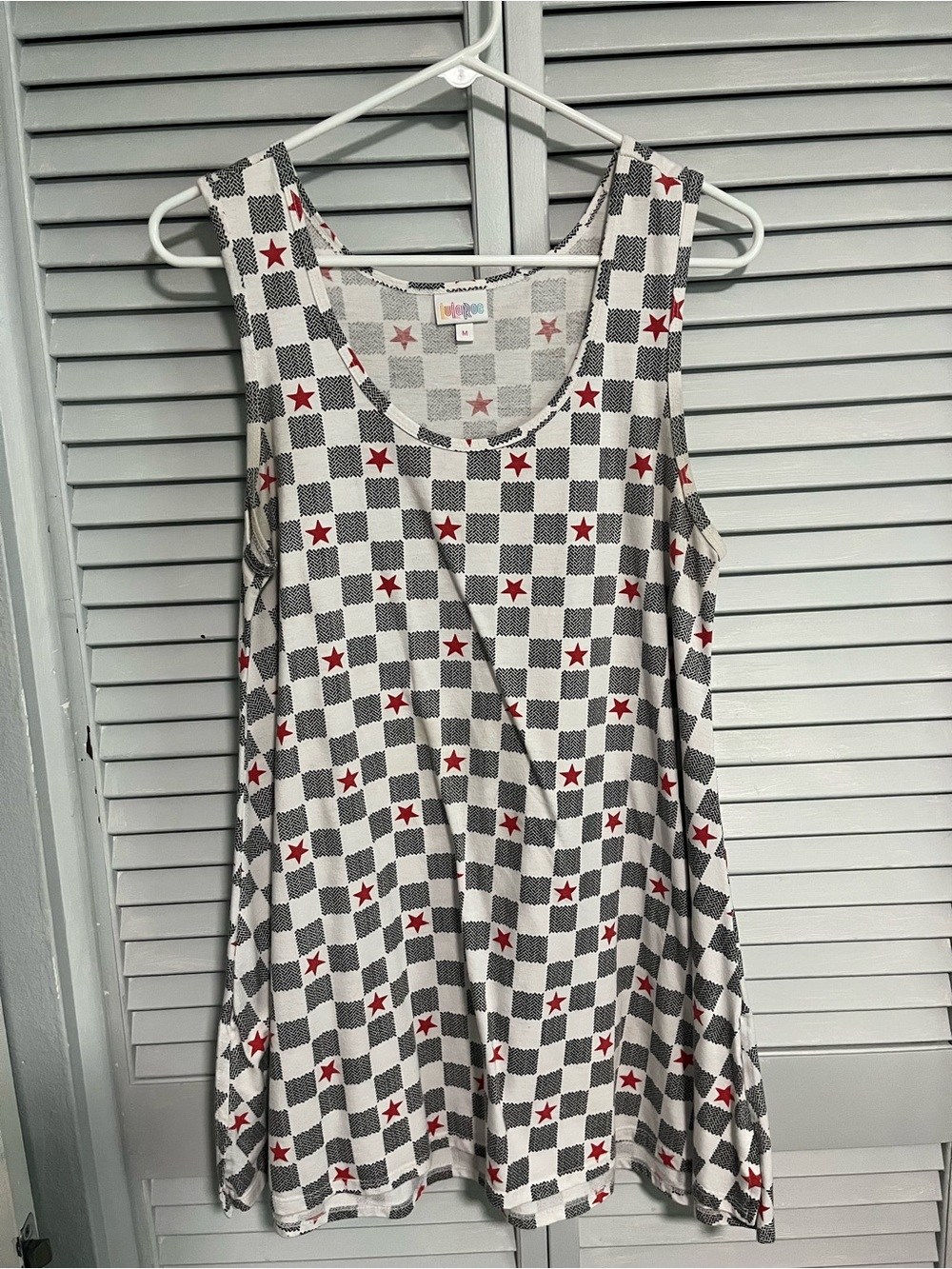 LuLaRoe Black & White Checkered Tank Top with Red Stars